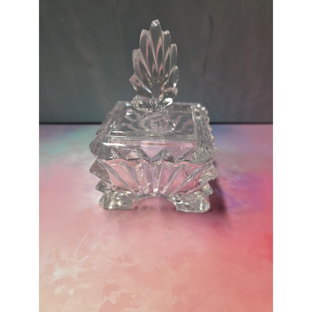 Vintage clear cut glass trinket box with a lid, Chip On Finial See Pics